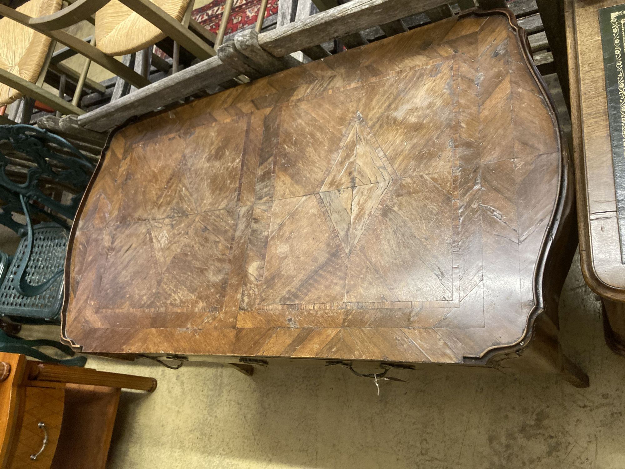 A Louis XV kingwood veneered side table, fitted one long drawer (requiring restoration), width 118cm, depth 63cm, height 79cm